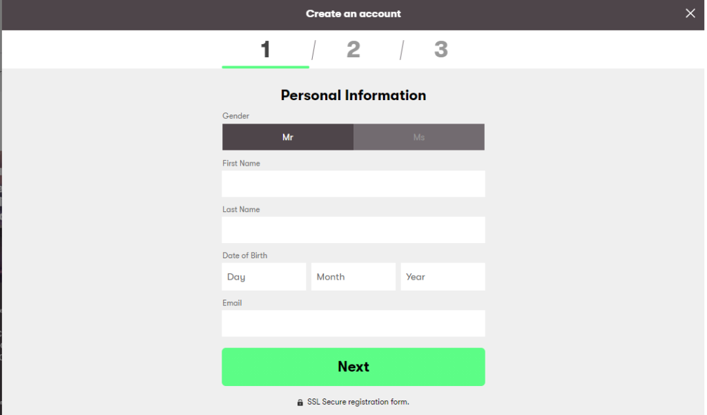 10Bet Registration form -Personal Information