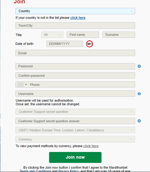 Marathonbet registration form