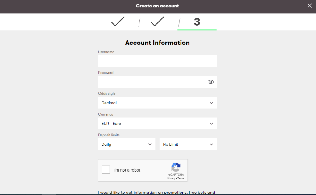 10bet Registration form - Account Information