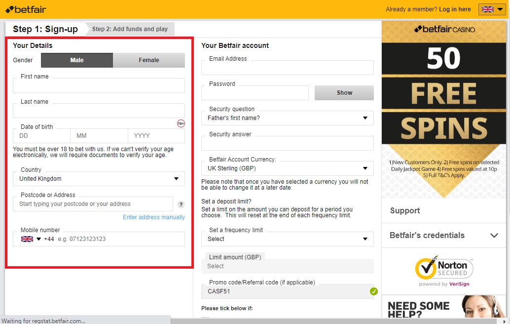 Betfair Registration form