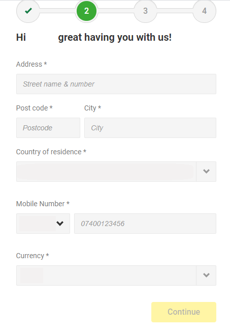 Unibet registration form -contact details section