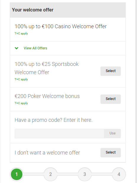 Unibet Registration - Welcome Bonus options